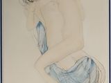 painting of a woman sitting on a stool with her back to the camera
