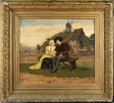 painting of a man and woman sitting on a bench in front of a windmill