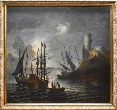 un tableau représentant des bateaux sur un plan d'eau, avec un château en arrière-plan
