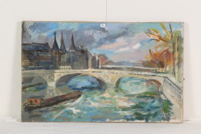 une peinture représentant un pont au-dessus d'une étendue d'eau