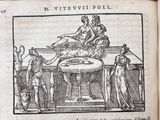 an old book with a drawing of a woman sitting on a table