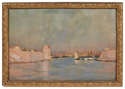 une peinture à l'huile représentant une scène fluviale avec des bateaux sur l'eau