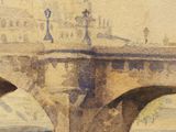 a painting of a bridge over a river with a building in the background