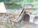 une peinture représentant un bâtiment sur lequel flotte un drapeau