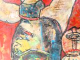 un tableau représentant un homme et une femme, avec un oiseau sur la tête de l'homme