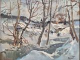 painting of a painting of a snowy landscape with trees in the foreground