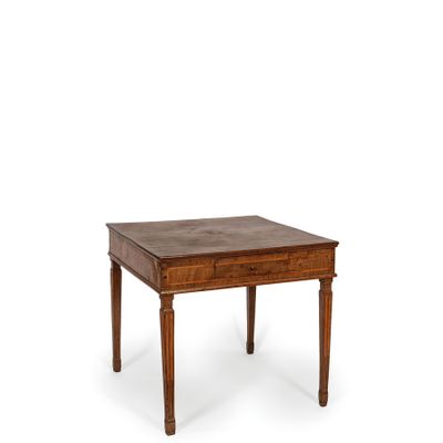 a small wooden table with a drawer underneath it on a white background