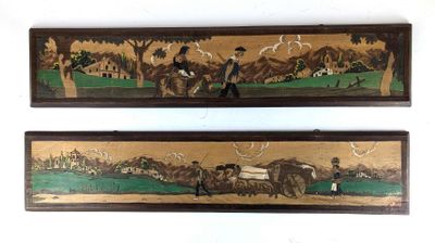 pair of antique hand painted wood wall hangings with horses and riders