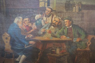 une peinture représentant un groupe de personnes assises autour d'une table