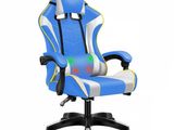 a computer chair with a blue and white color scheme