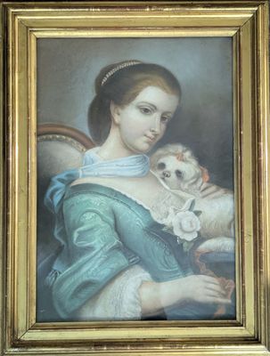 tableau représentant une femme tenant un chien dans ses bras