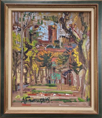 an oil painting of a house in a park with trees