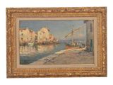 an oil painting of a harbor scene with a sailboat in the foreground