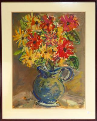 une peinture de fleurs dans un vase bleu sur une table