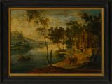 an oil painting of a landscape with a river and a village