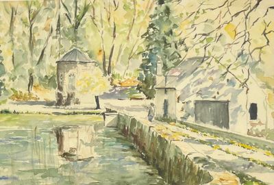 une aquarelle représentant une petite maison au bord de l'eau