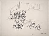 l'image d'un dessin représentant un groupe de personnes à cheval