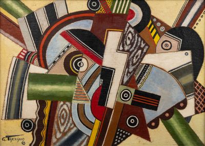 peinture abstraite représentant un homme avec une guitare et une femme portant un chapeau