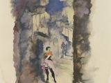 an image of a painting of a man and a woman walking down a street