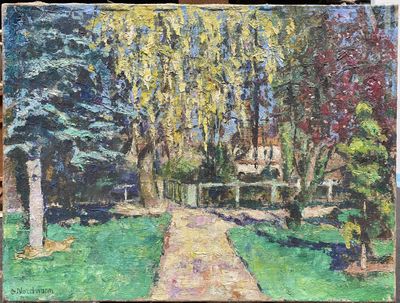 une peinture à l'huile représentant un sentier dans un parc, avec une maison en arrière-plan