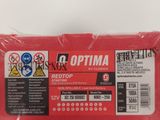 a red plastic container with a red label on it