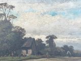 peinture représentant un paysage rural avec une maison et des vaches au premier plan