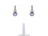 pair of amethorate earrings on a stand with a white background