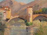 une peinture à l'huile représentant un pont au-dessus d'une rivière, avec une montagne en arrière-plan