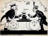 drawing of a cartoon of a man and a woman at a table with a cake on it