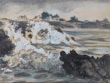 an image of a painting of a wave coming in to the shore