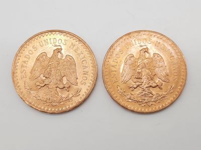 deux pièces d'or mexicaines sur un fond blanc