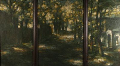 a painting of a park with a bench and trees