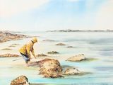 painting of a man standing on a rock in the water