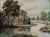 painting of a cottage by a river with trees and grass