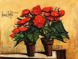 un tableau représentant des fleurs rouges dans un pot posé sur une table