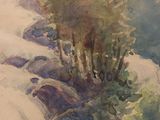 a watercolor painting of a stream running through a forest