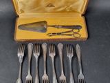 five forks and a knife in a case on a table