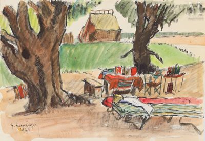 un dessin représentant une table et des chaises sous un arbre