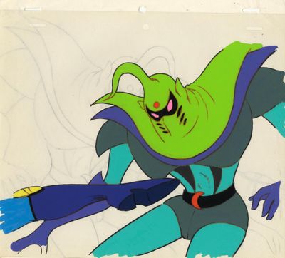 animation : cellulo de production d'un personnage de dessin animé vêtu d'une tenue verte et bleue