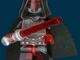 a lego star wars character holding a red light saber