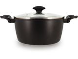 un gros plan d'une casserole noire avec un couvercle, sur fond blanc