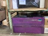 a purple box sitting on top of a shelf in a warehouse