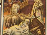une affiche représentant un homme et une femme accompagnés de moutons