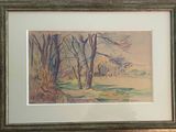 framed watercolor painting of a landscape with trees and a house