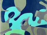 peinture représentant une œuvre abstraite bleue et verte sur fond vert