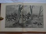 an open book with a drawing of a group of soldiers in the woods