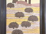 peinture représentant un paysage avec des arbres et une colline au loin