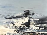 peinture représentant une peinture en noir et blanc d'une personne sur une planche de surf