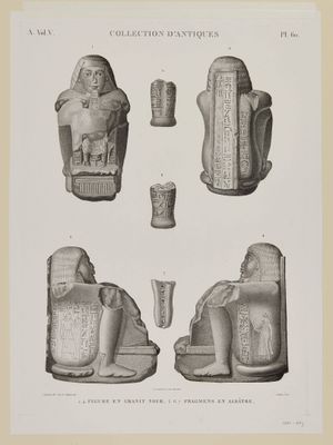 un vieux dessin en noir et blanc représentant une collection d'objets égyptiens