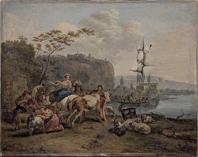 tableau représentant un groupe de personnes sur un rivage rocheux, avec un bateau en arrière-plan